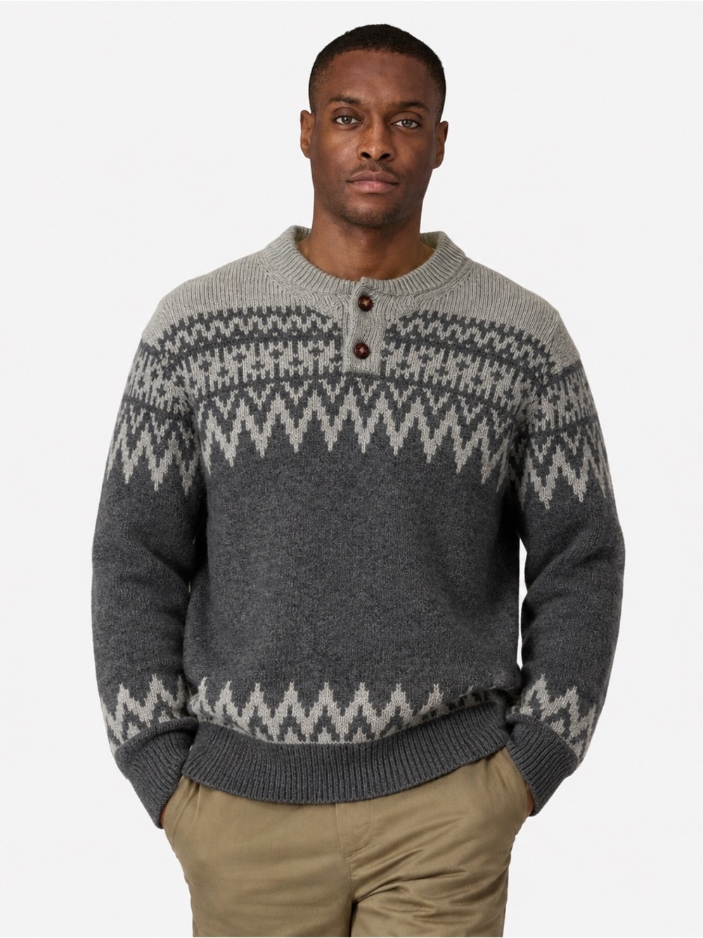 LL Bean Men’s Ragg Wool Henley Fair Isle Gray Pullover Sweater Size XL *Q